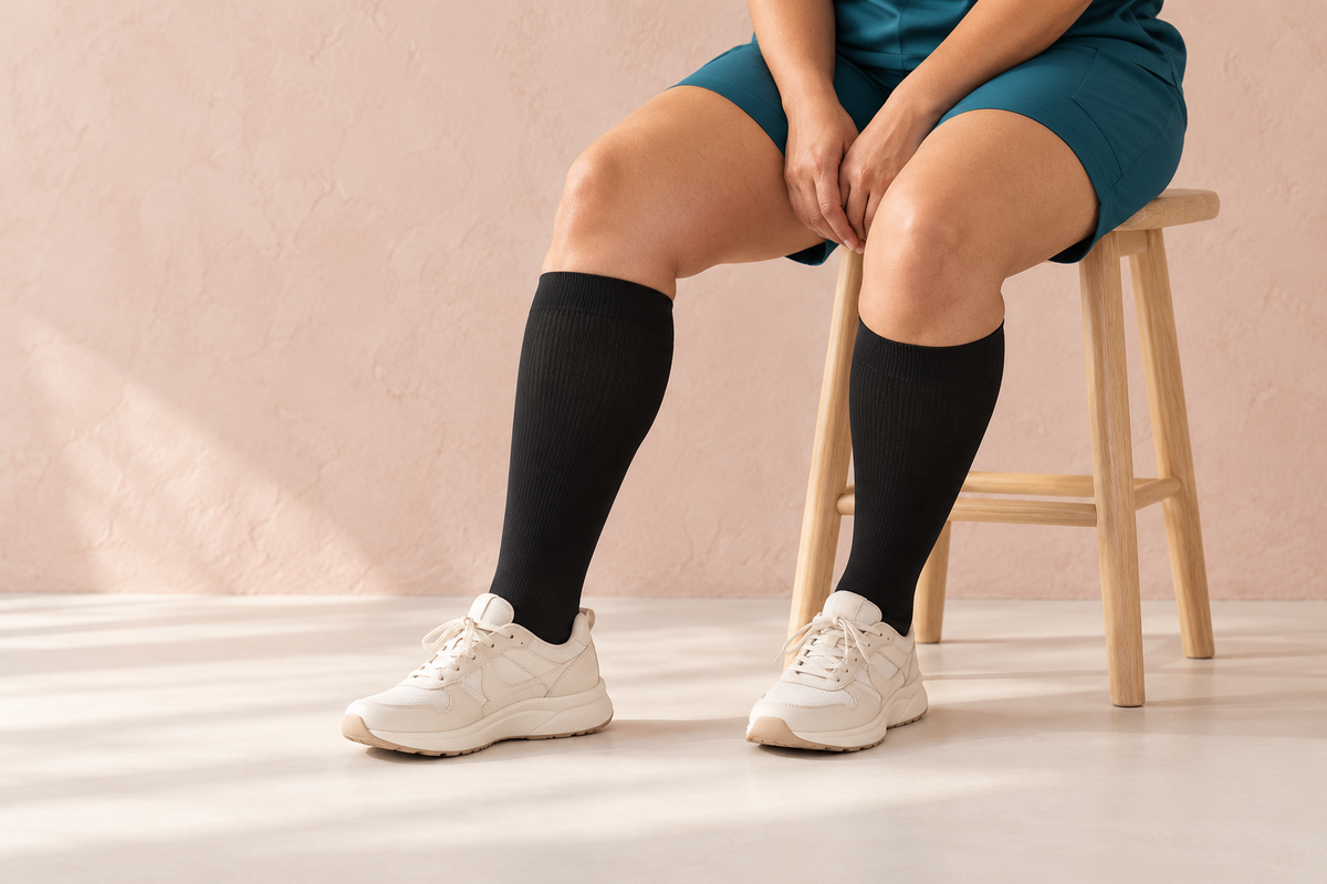 Longshift campaign concept with black knee-high socks and teal workwear